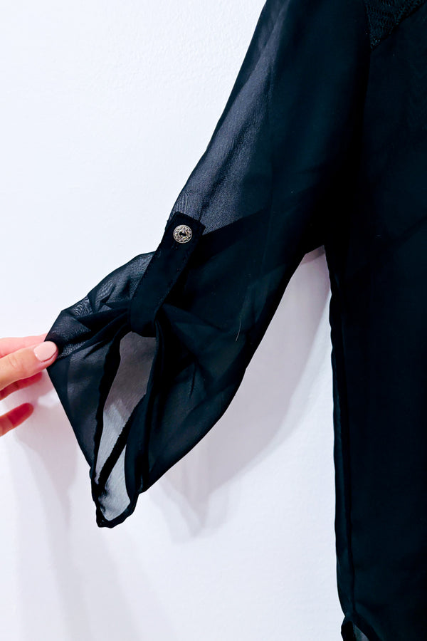 Blouse noire transparente à dos en dentelle seconde main - American Dream- La Penderie du Paradis