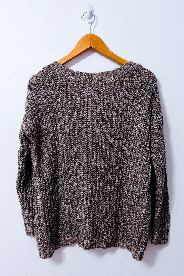 Tricot ample brun chiné en maille seconde main - Garage- La Penderie du Paradis