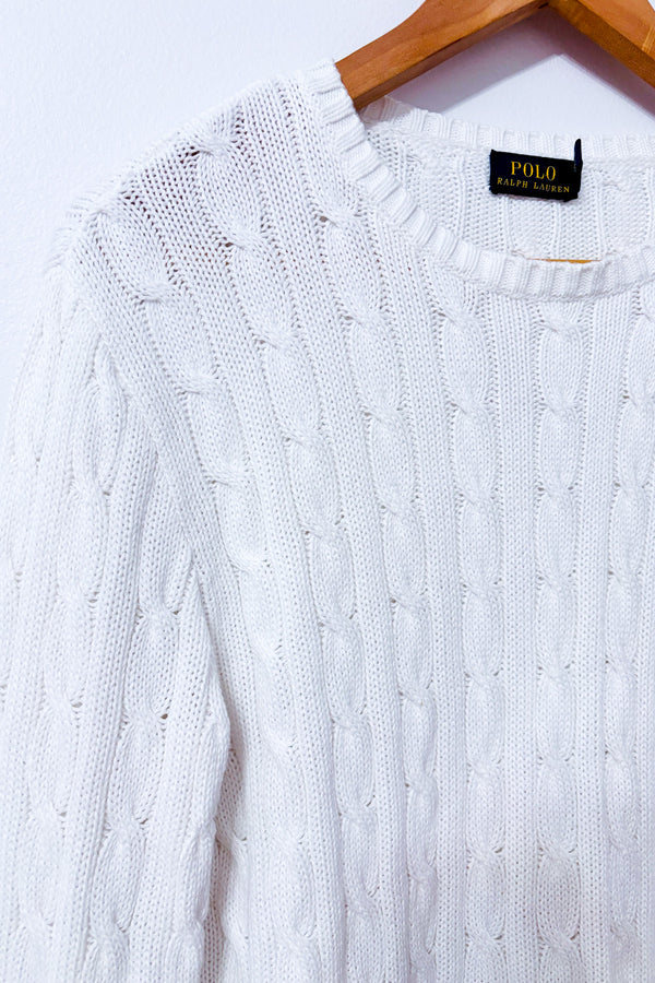 Tricot blanc torsadé en coton* seconde main - Ralph Lauren- La Penderie du Paradis