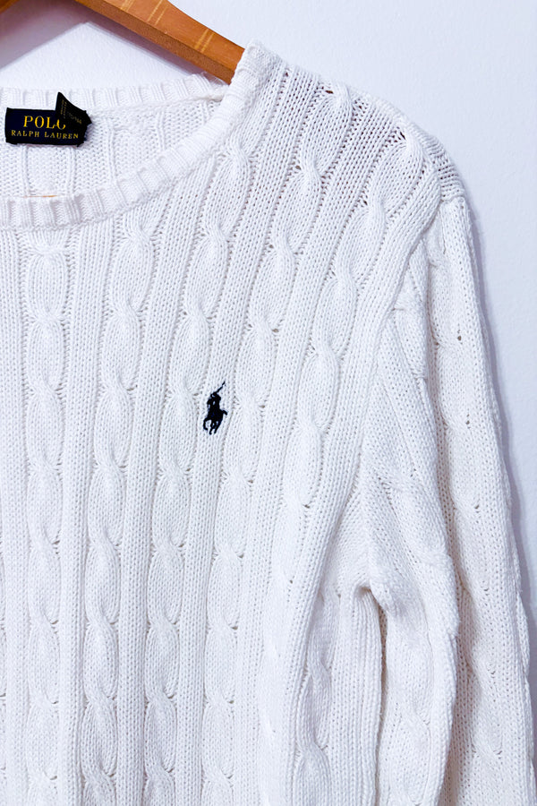 Tricot blanc torsadé en coton* seconde main - Ralph Lauren- La Penderie du Paradis