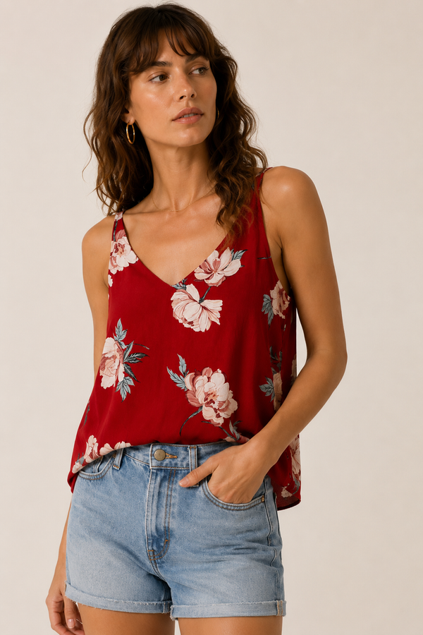Camisole fluide vieux rose fleurie seconde main - Reitmans- La Penderie du Paradis