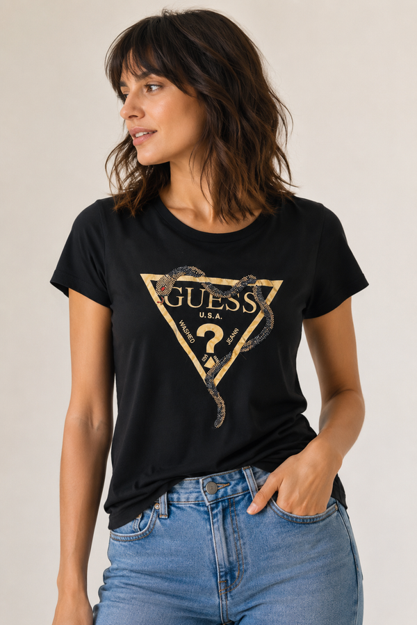 T-shirt noir avec serpent à billes seconde main - Guess- La Penderie du Paradis