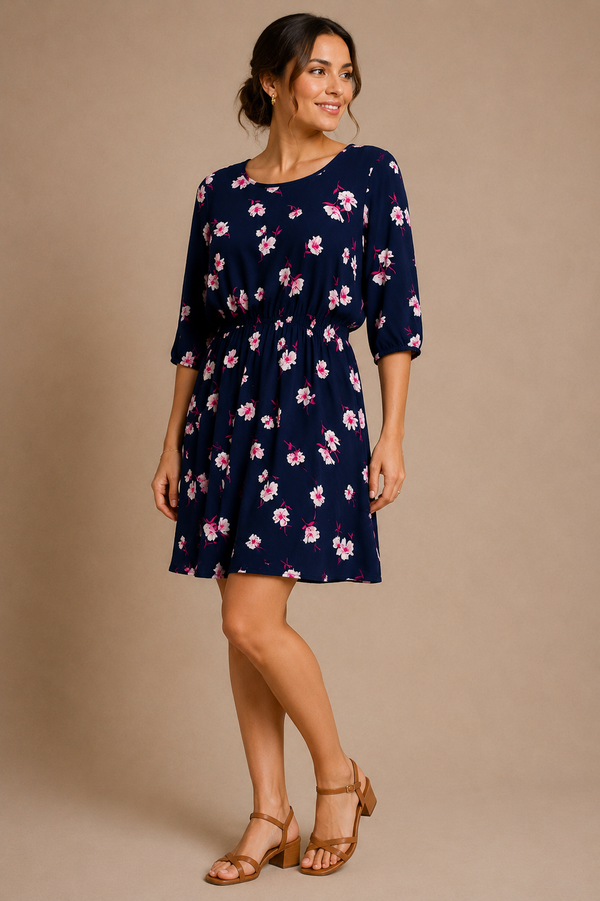 Robe marine fleurie seconde main - Tag- La Penderie du Paradis