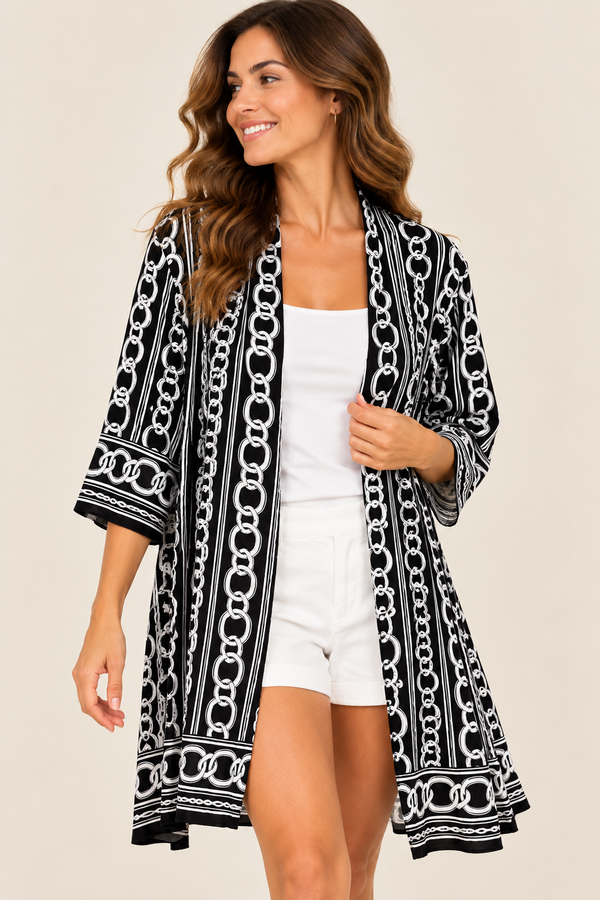 Cardigan long ouvert noir et blanc à imprimé chaînes* seconde main - Joseph Ribkoff- La Penderie du Paradis