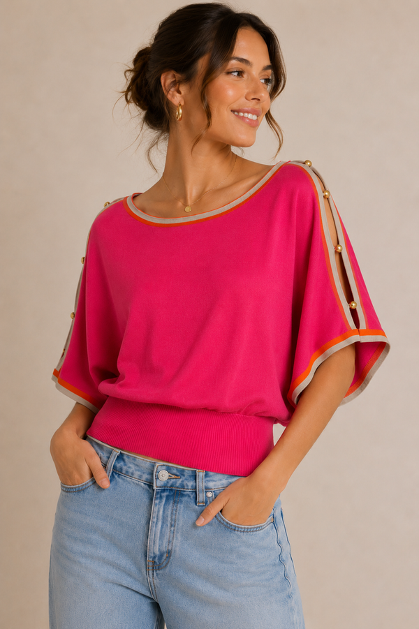 Haut rose fuchsia en tricot à manches amples seconde main - Cable & Gauge- La Penderie du Paradis