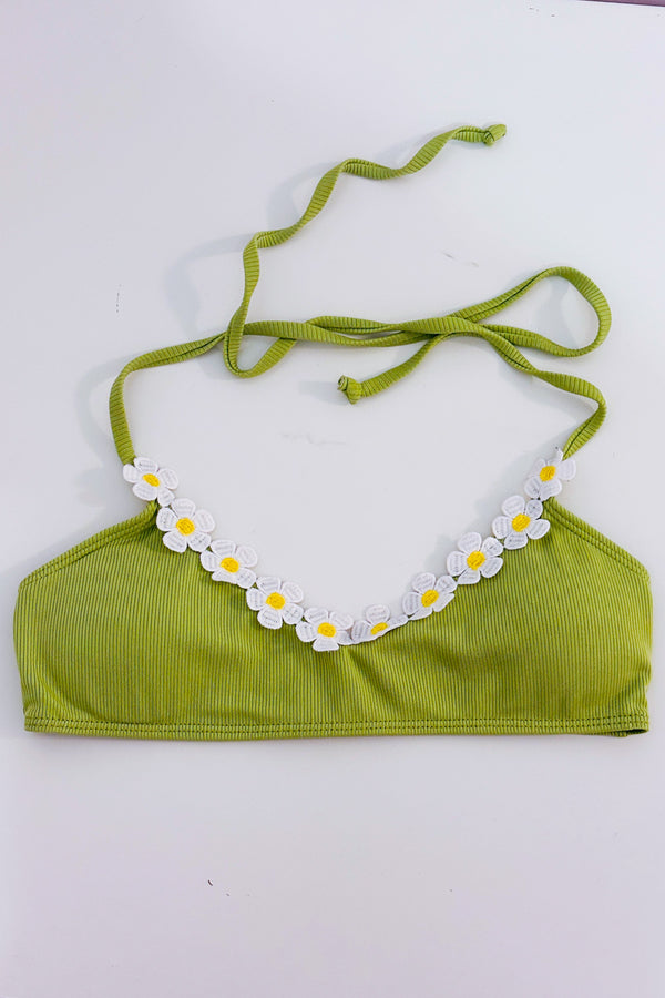 Haut de maillot de bain vert côtelé à fleurs brodées seconde main - Retro Stage- La Penderie du Paradis