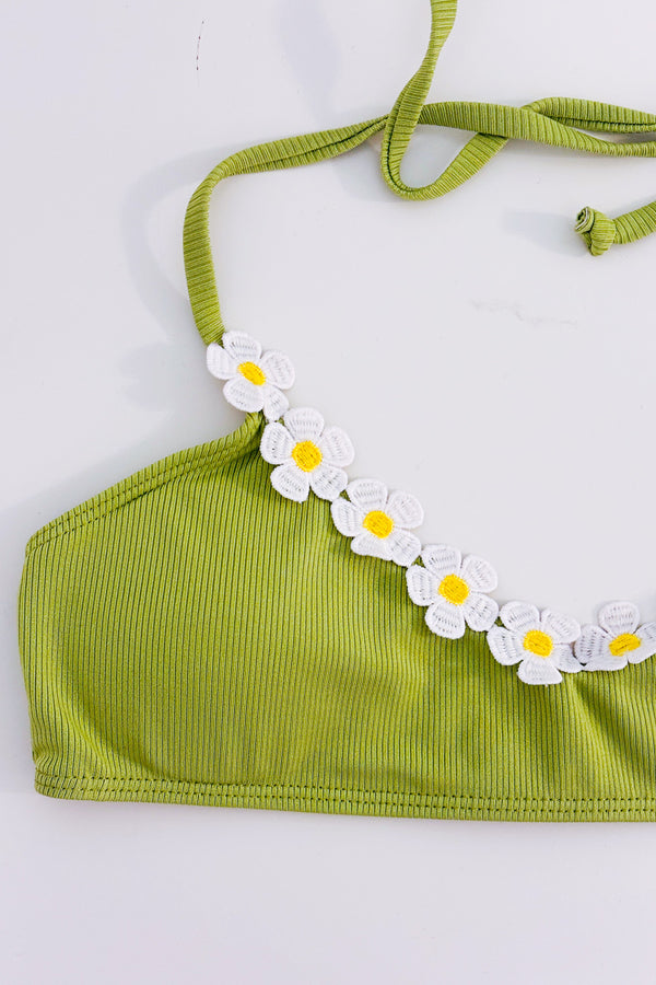 Haut de maillot de bain vert côtelé à fleurs brodées seconde main - Retro Stage- La Penderie du Paradis