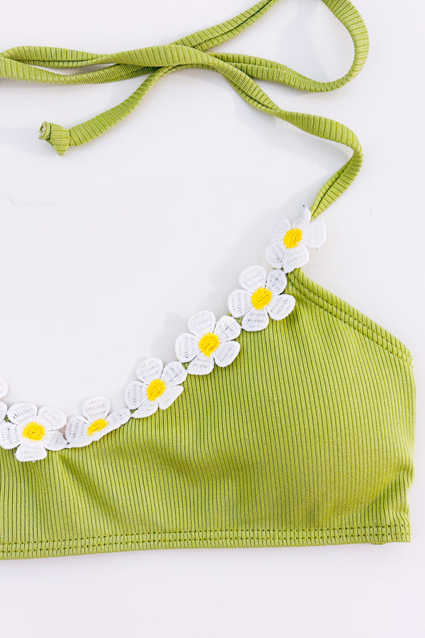 Haut de maillot de bain vert côtelé à fleurs brodées seconde main - Retro Stage- La Penderie du Paradis