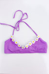 Haut de maillot de bain lilas côtelé à fleurs brodées seconde main - Retro Stage- La Penderie du Paradis