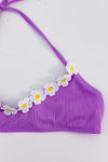 Haut de maillot de bain lilas côtelé à fleurs brodées seconde main - Retro Stage- La Penderie du Paradis
