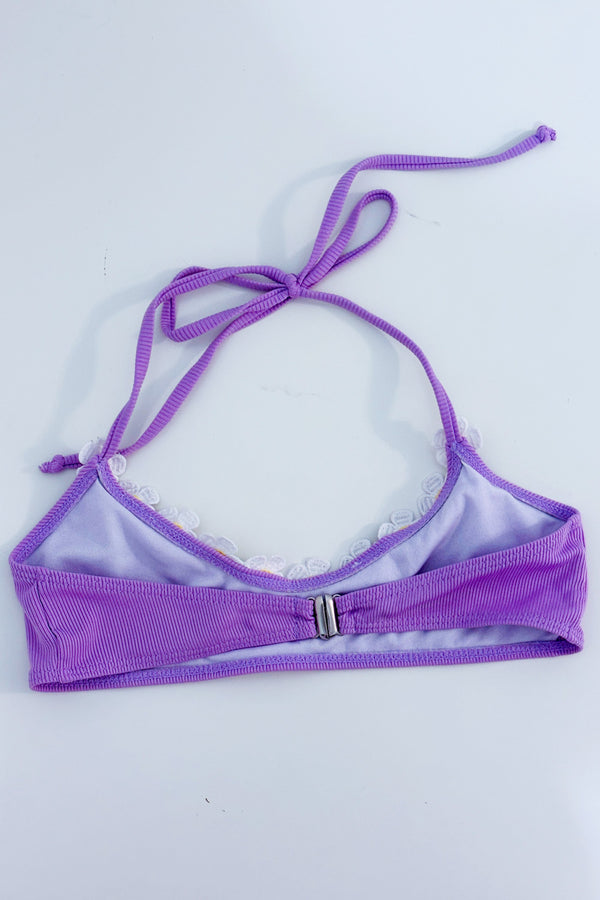 Haut de maillot de bain lilas côtelé à fleurs brodées seconde main - Retro Stage- La Penderie du Paradis