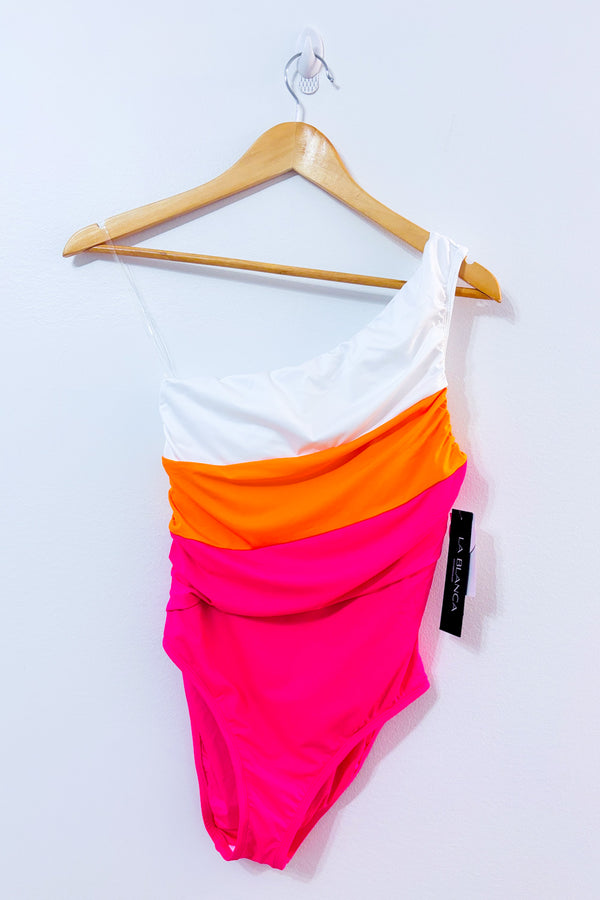 Maillot de bain une pièce asymétrique Island Goddess rose, blanc et orange* seconde main - La Blanca- La Penderie du Paradis