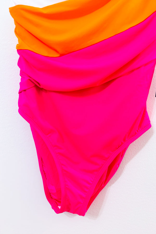 Maillot de bain une pièce asymétrique Island Goddess rose, blanc et orange* seconde main - La Blanca- La Penderie du Paradis