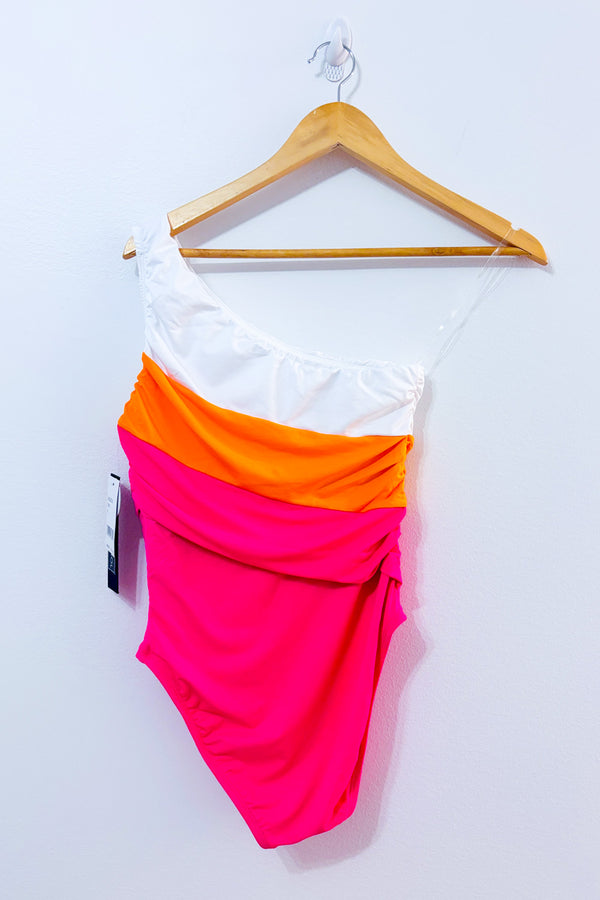 Maillot de bain une pièce asymétrique Island Goddess rose, blanc et orange* seconde main - La Blanca- La Penderie du Paradis