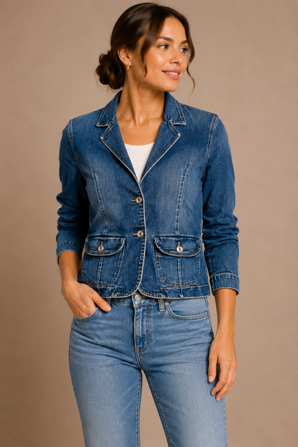 Veston en denim bleu délavé seconde main - Spice- La Penderie du Paradis