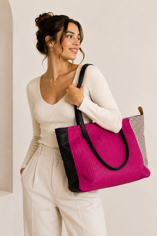 Sac tote multicolore en cuir texturé* seconde main - Ebarrito- La Penderie du Paradis