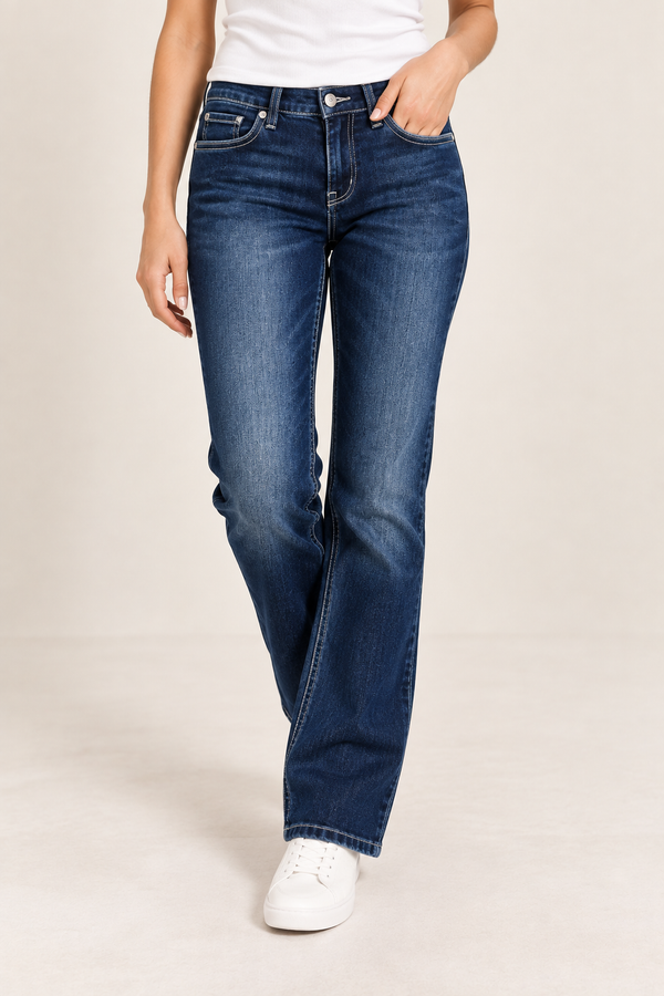 Jeans bleu foncé délavé coupe droite seconde main - Carreli- La Penderie du Paradis