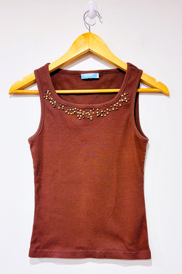 Camisole brune côtelée avec billes de bois au col (s)-Jennifer Moore-La Penderie du Paradis 🕊