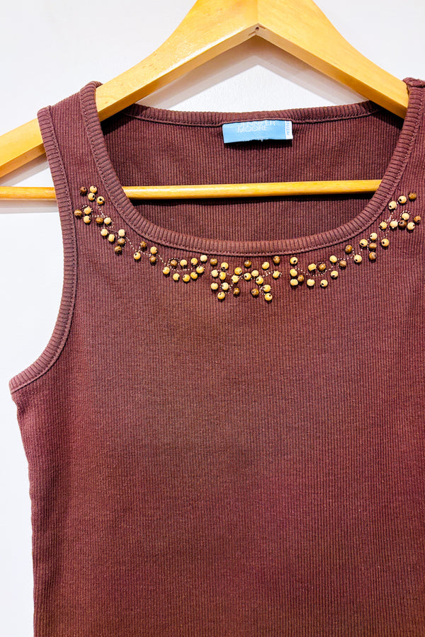 Camisole brune côtelée avec billes de bois au col (s)-Jennifer Moore-La Penderie du Paradis 🕊