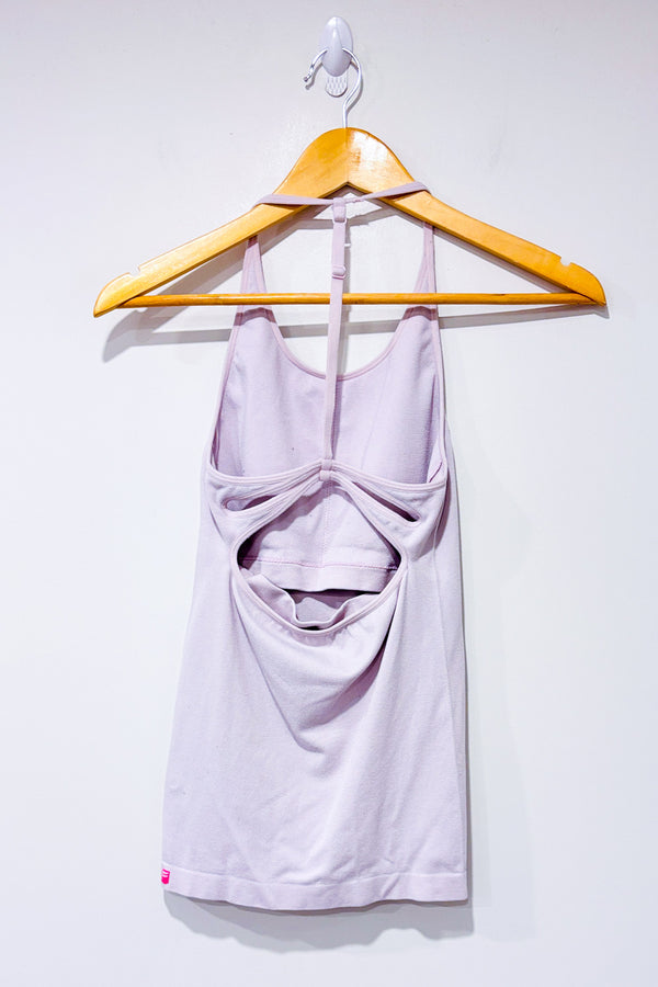 Camisole sport lilas côtelée dos ouvert avec top intégré seconde main - Fabletics- La Penderie du Paradis