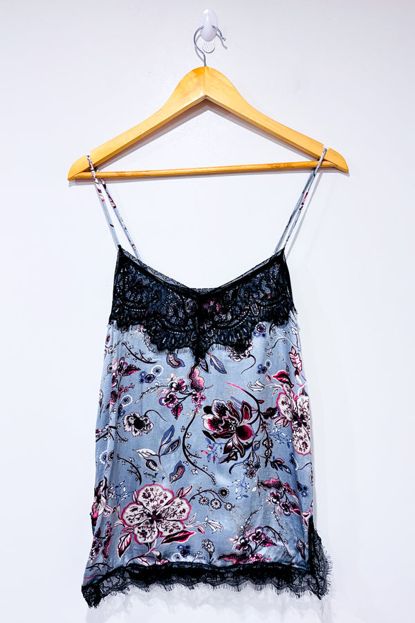 Camisole satinée bleue fleurie avec dentelle seconde main - Zara- La Penderie du Paradis