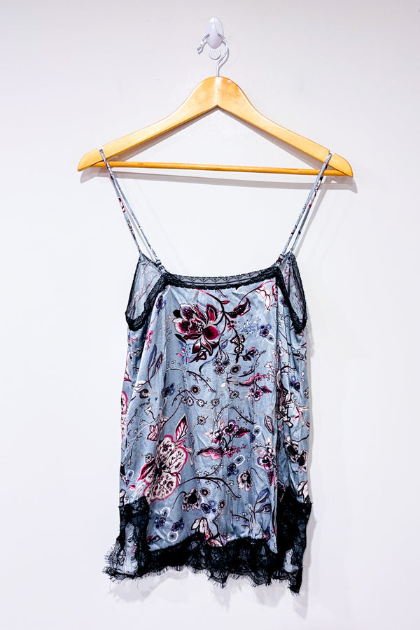Camisole satinée bleue fleurie avec dentelle seconde main - Zara- La Penderie du Paradis