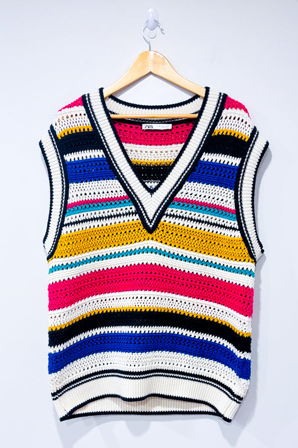 Débardeur oversized en tricot rayé multicolore col V* seconde main - Zara- La Penderie du Paradis