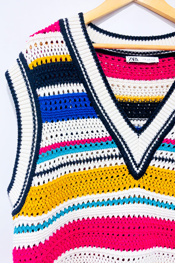 Débardeur oversized en tricot rayé multicolore col V* seconde main - Zara- La Penderie du Paradis