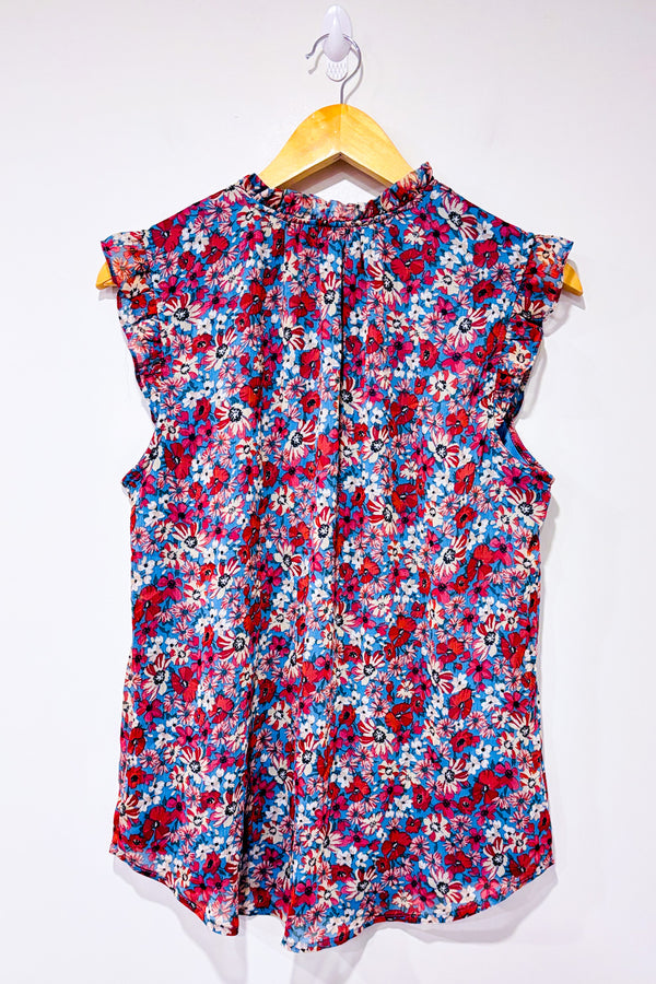 Blouse bleue et rouge fleurie* seconde main - Tamara H.- La Penderie du Paradis