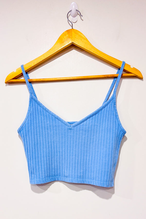 Camisole courte côtelée bleue seconde main - H&M- La Penderie du Paradis