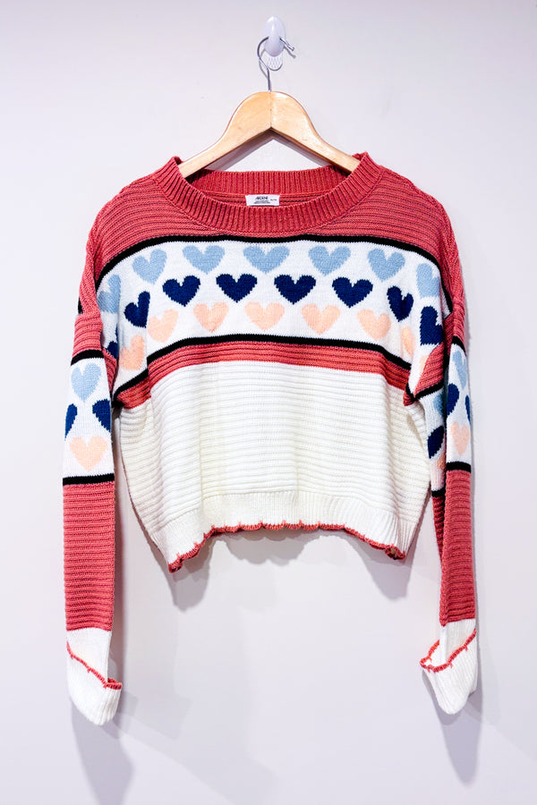 Chandail court rose et bleu en tricot avec coeurs (xl)-Ardene-La Penderie du Paradis 🕊