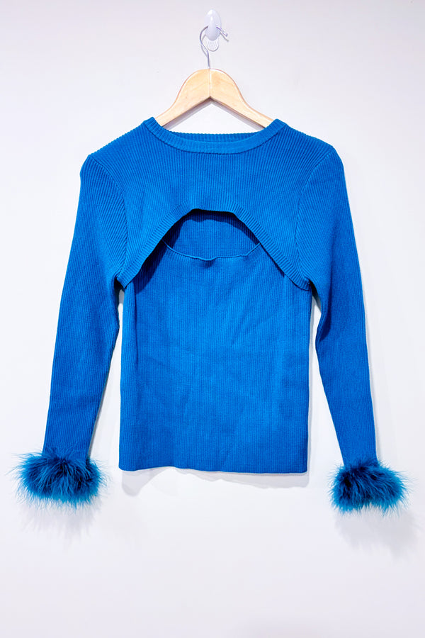Chandail turquoise côtelé avec plumes aux manches (l)-SHEIN-La Penderie du Paradis 🕊
