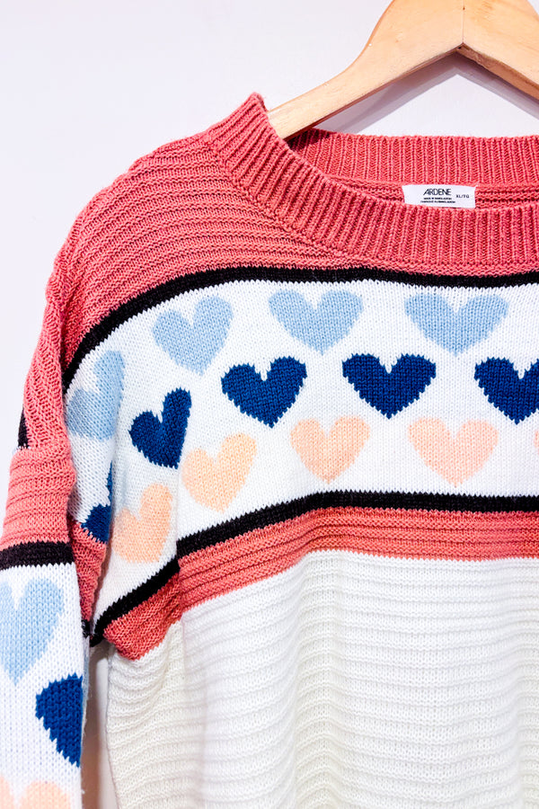 Chandail court rose et bleu en tricot avec coeurs (xl)-Ardene-La Penderie du Paradis 🕊