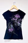 T-shirt noir et mauve fleuri avec paillettes (s)-Mariposa-La Penderie du Paradis 🕊