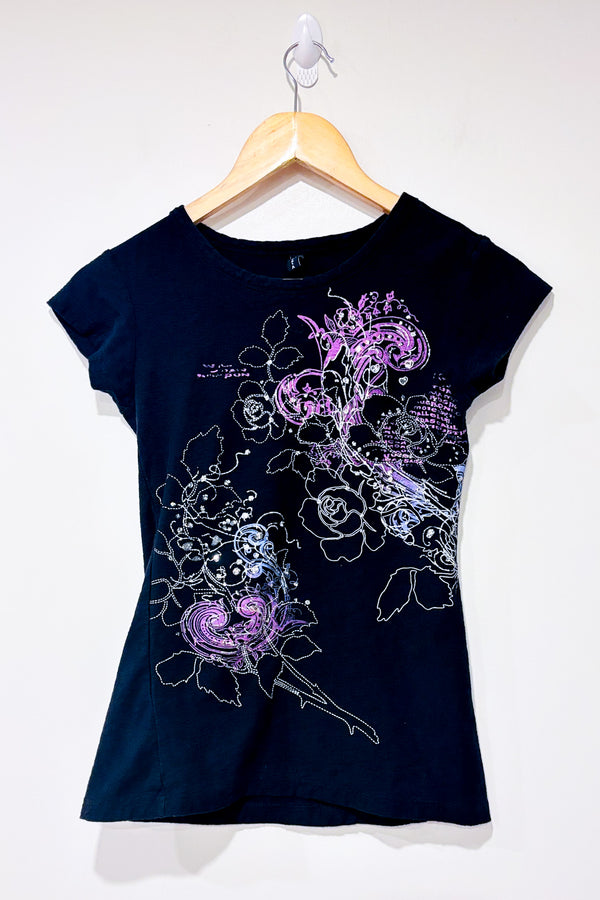 T-shirt noir et mauve fleuri avec paillettes (s)-Mariposa-La Penderie du Paradis 🕊