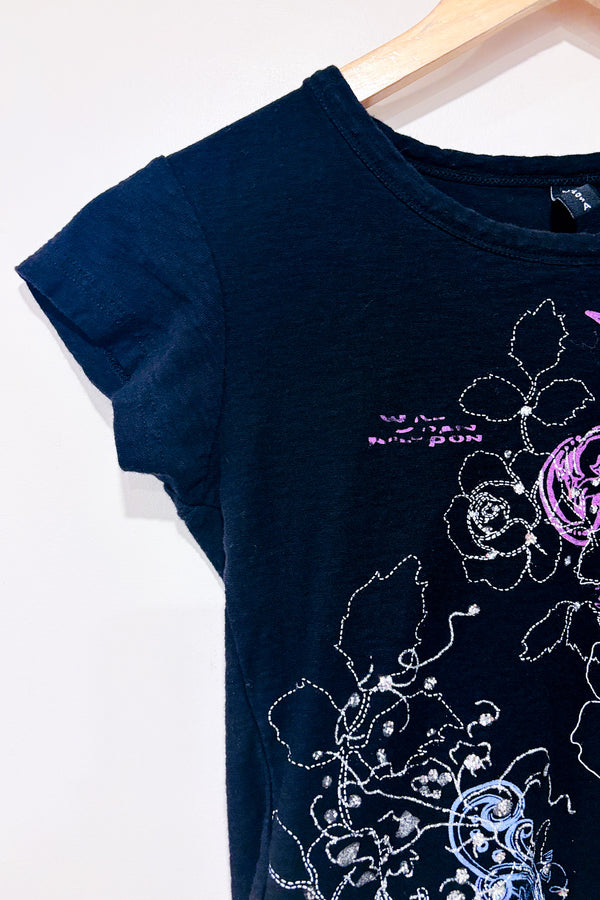 T-shirt noir et mauve fleuri avec paillettes (s)-Mariposa-La Penderie du Paradis 🕊