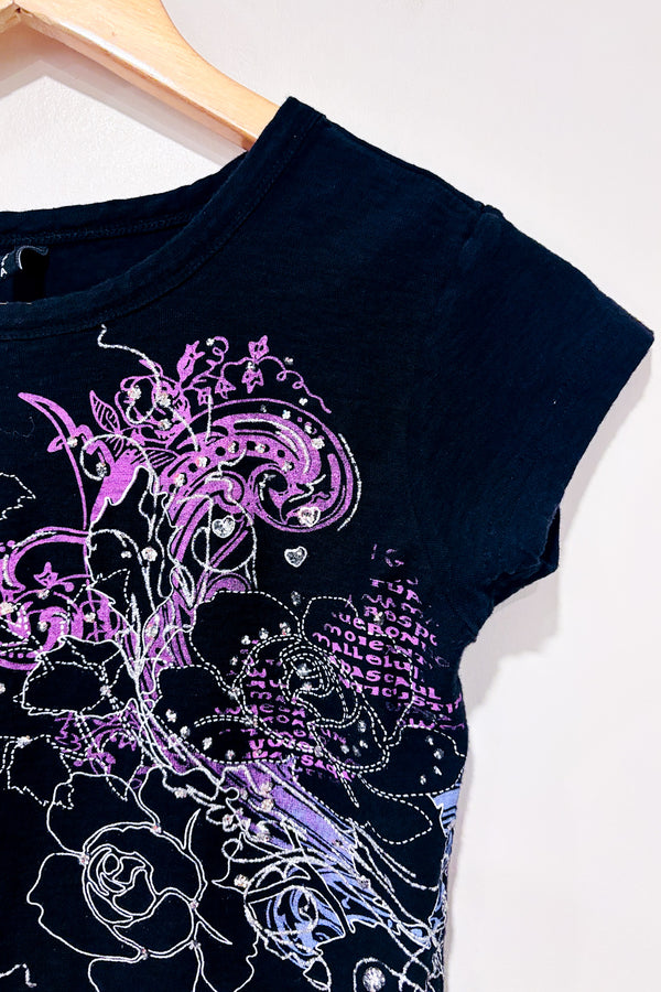 T-shirt noir et mauve fleuri avec paillettes (s)-Mariposa-La Penderie du Paradis 🕊