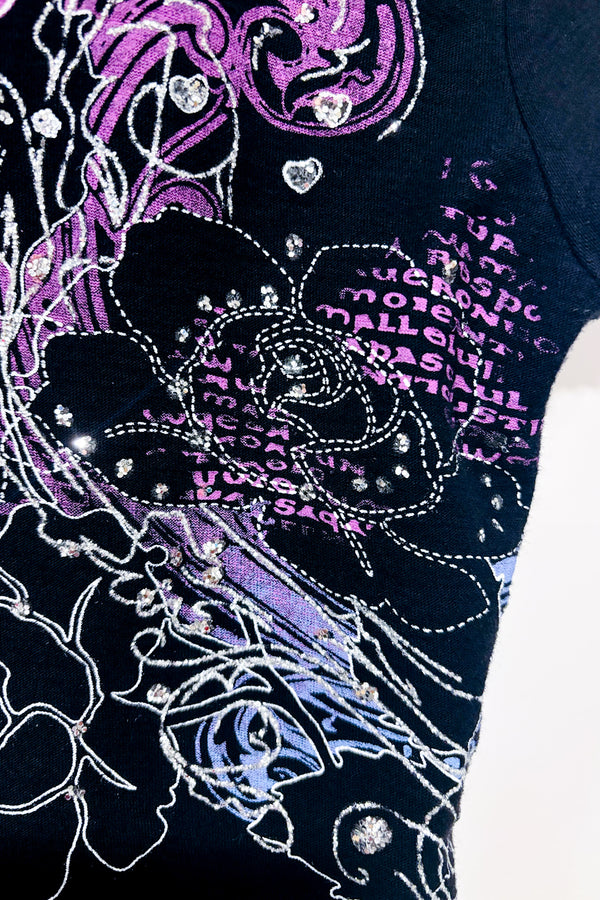 T-shirt noir et mauve fleuri avec paillettes (s)-Mariposa-La Penderie du Paradis 🕊