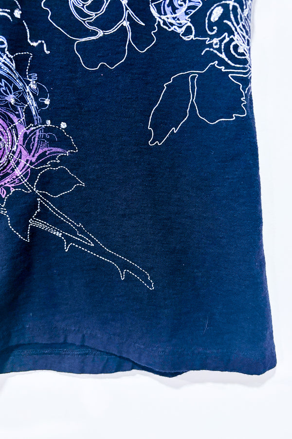 T-shirt noir et mauve fleuri avec paillettes (s)-Mariposa-La Penderie du Paradis 🕊