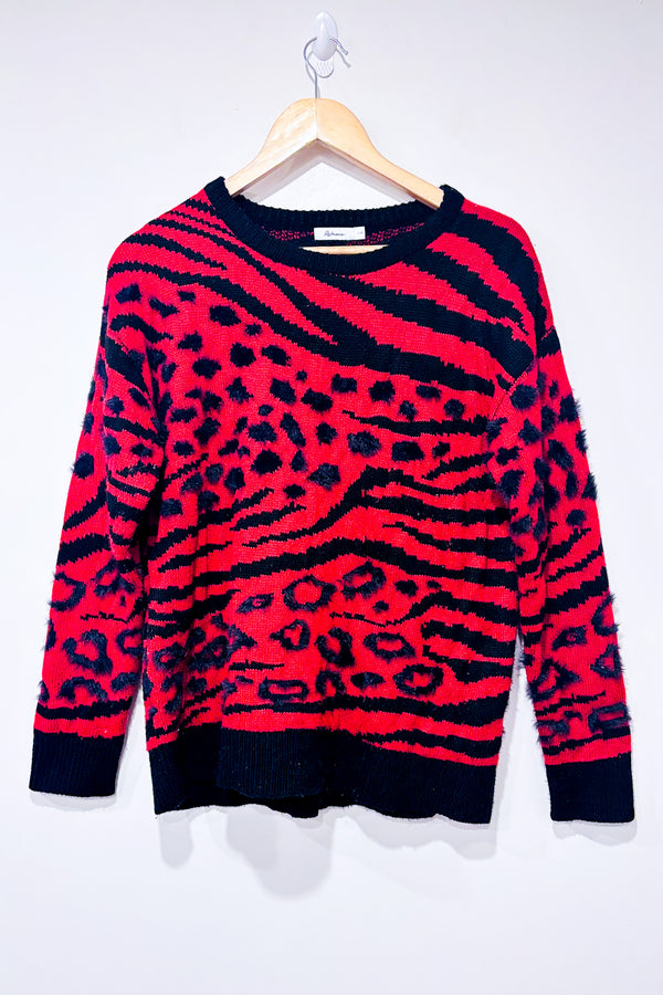 Chandail rouge et noir en tricot avec fausse fourrure (l)-Reitmans-La Penderie du Paradis 🕊