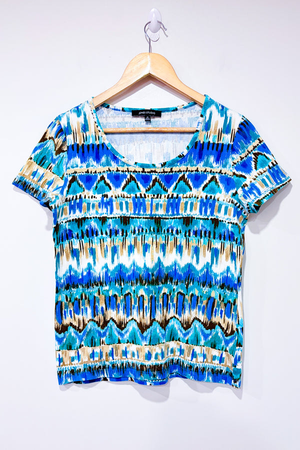 T-shirt vert et bleu à motifs (m)-Jones Studio-La Penderie du Paradis 🕊