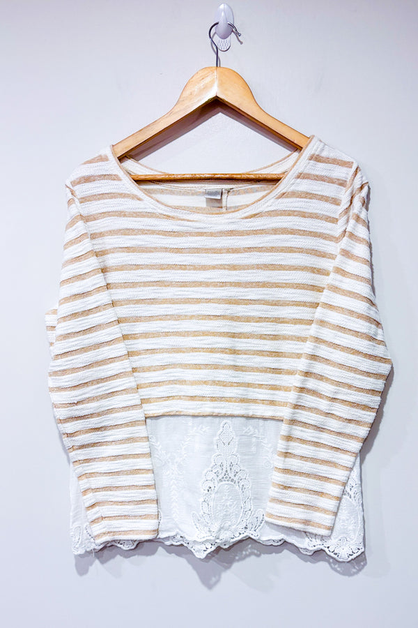 Chandail blanc et beige rayé avec broderie (m)-Simons-La Penderie du Paradis 🕊