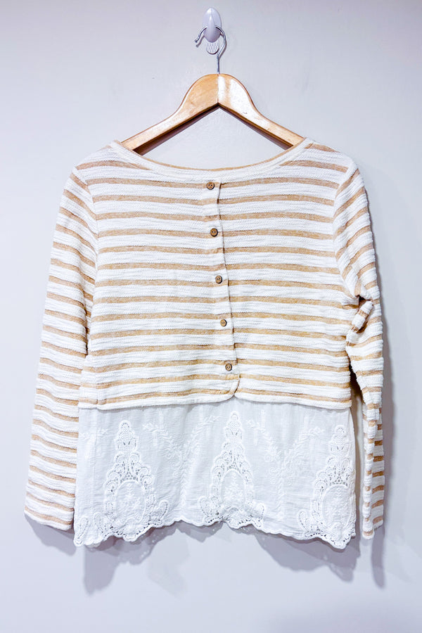 Chandail blanc et beige rayé avec broderie (m)-Simons-La Penderie du Paradis 🕊