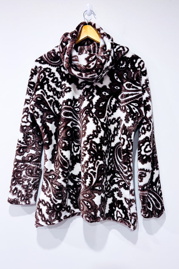 Haut blanc et brun fleuri en peluche extra douce à grand col (l/xl)-Autres-La Penderie du Paradis 🕊