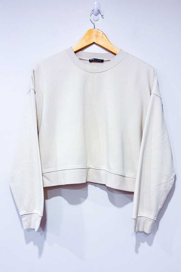 Chandail crewneck crème en coton ouaté (m)-Zara-La Penderie du Paradis 🕊