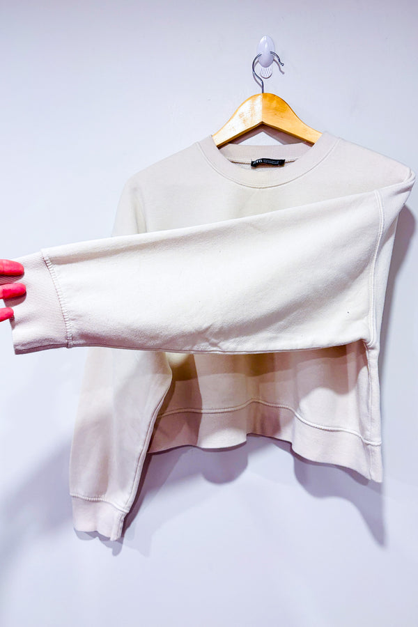 Chandail crewneck crème en coton ouaté (m)-Zara-La Penderie du Paradis 🕊