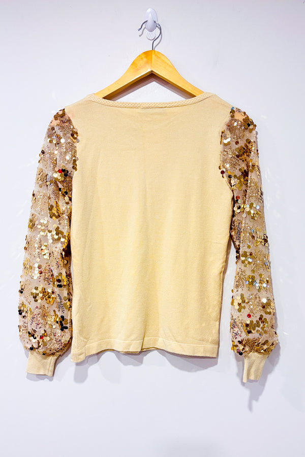 Chandail beige avec manches en paillettes* seconde main - Sioni- La Penderie du Paradis