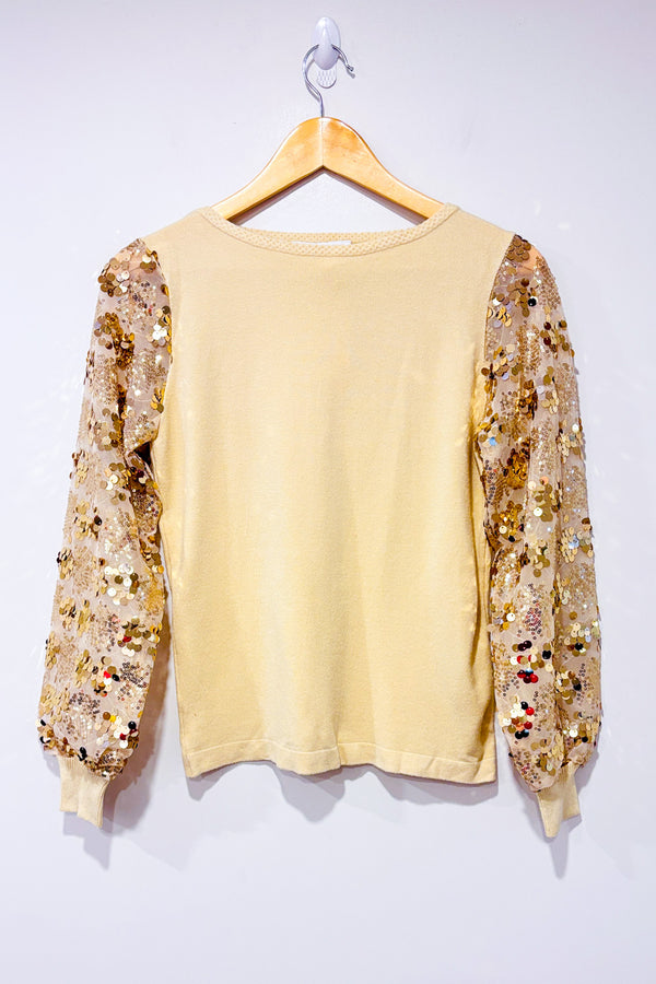 Chandail beige avec manches en paillettes* seconde main - Sioni- La Penderie du Paradis