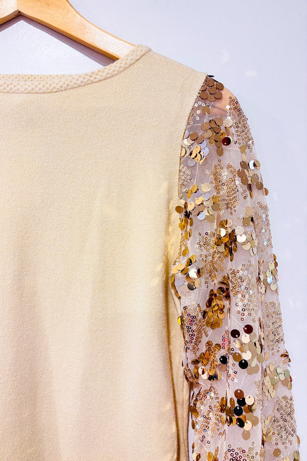 Chandail beige avec manches en paillettes* seconde main - Sioni- La Penderie du Paradis