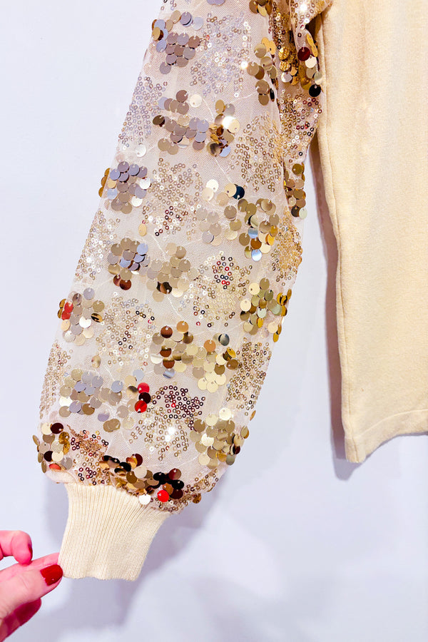 Chandail beige avec manches en paillettes* seconde main - Sioni- La Penderie du Paradis